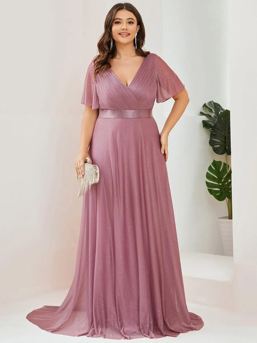 Robe de soirée longue scintillante à col en V et à manches flottantes
