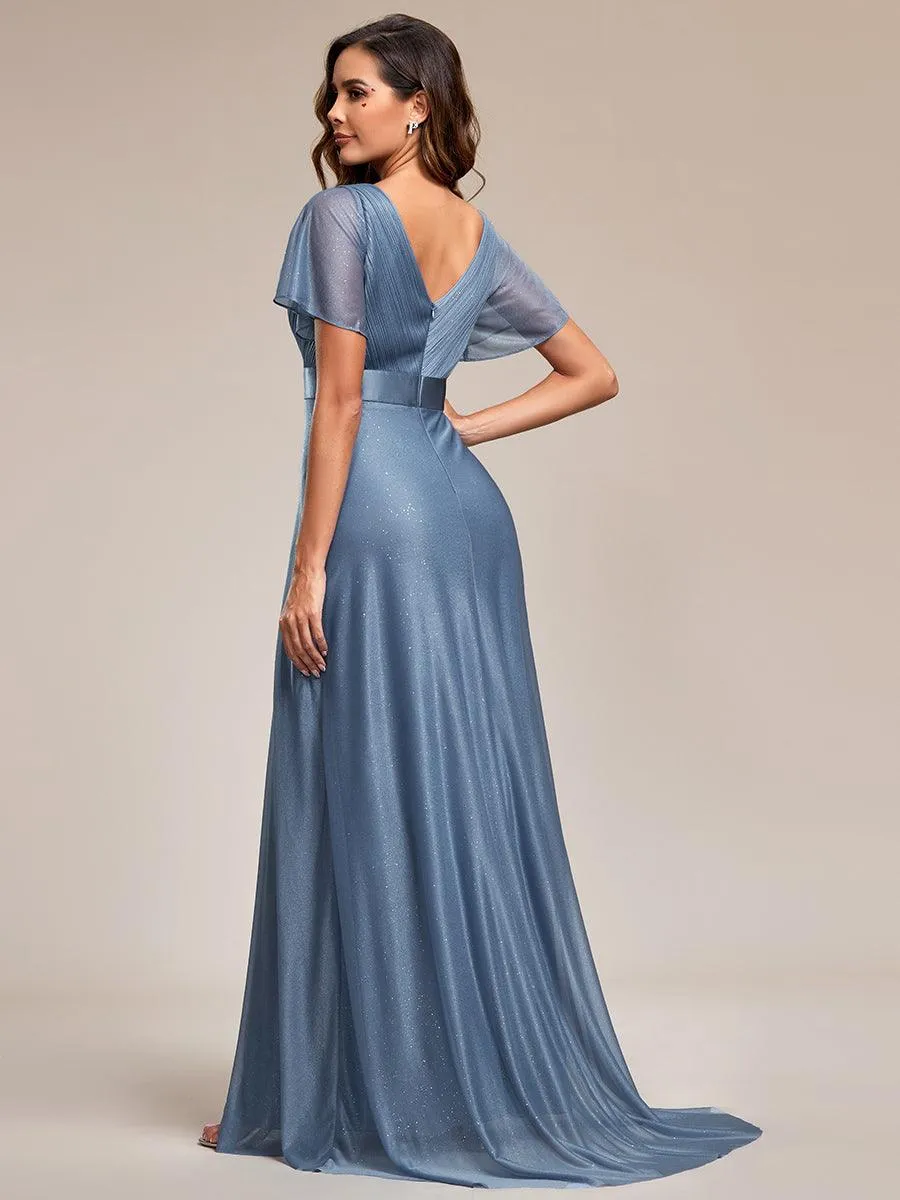 Robe de soirée longue scintillante à col en V et à manches flottantes