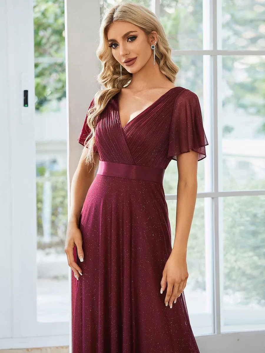 Robe de soirée longue scintillante à col en V et à manches flottantes