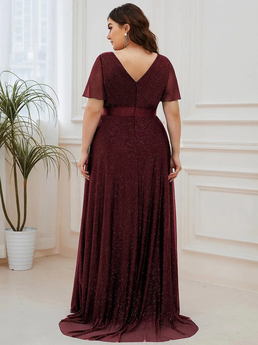 Robe de soirée longue scintillante à col en V et à manches flottantes