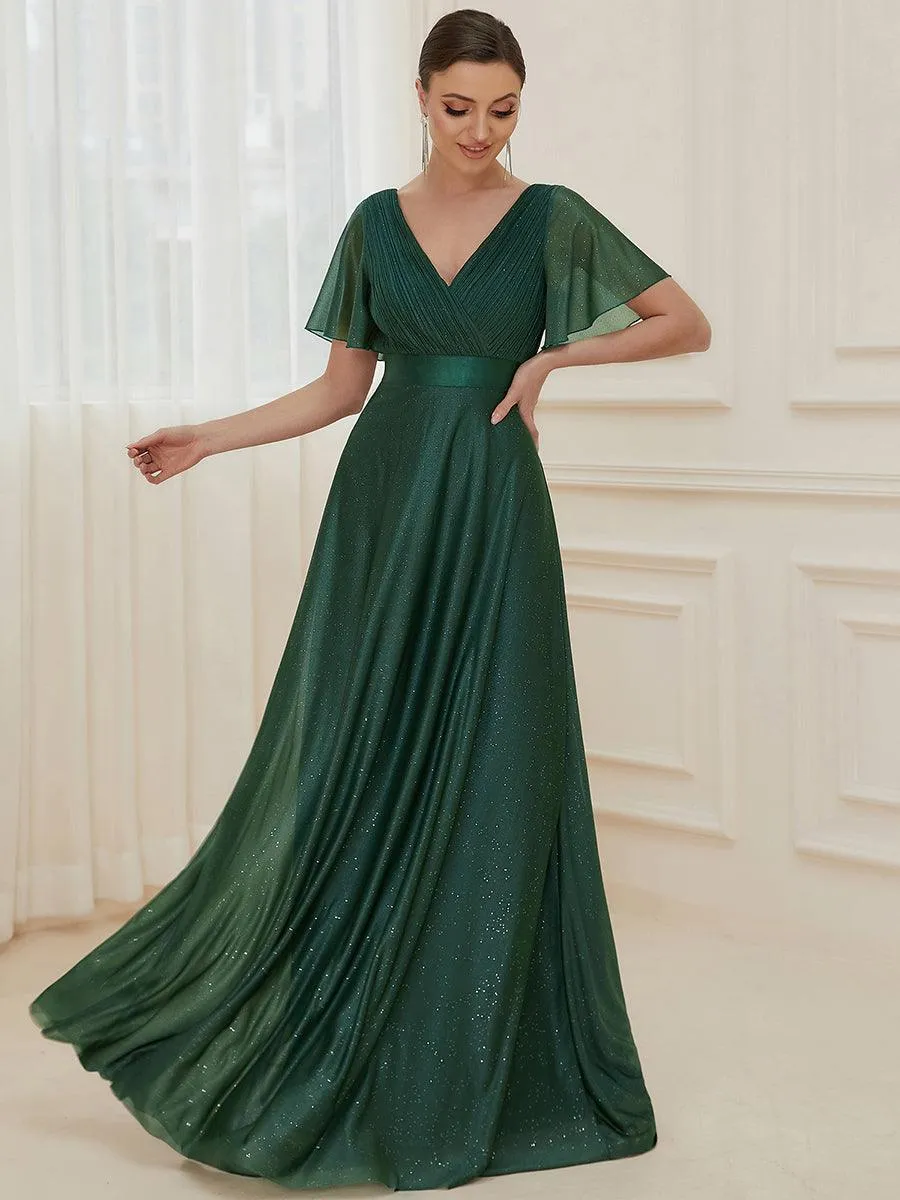 Robe de soirée longue scintillante à col en V et à manches flottantes