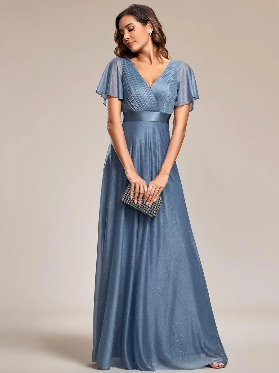 Robe de soirée longue scintillante à col en V et à manches flottantes