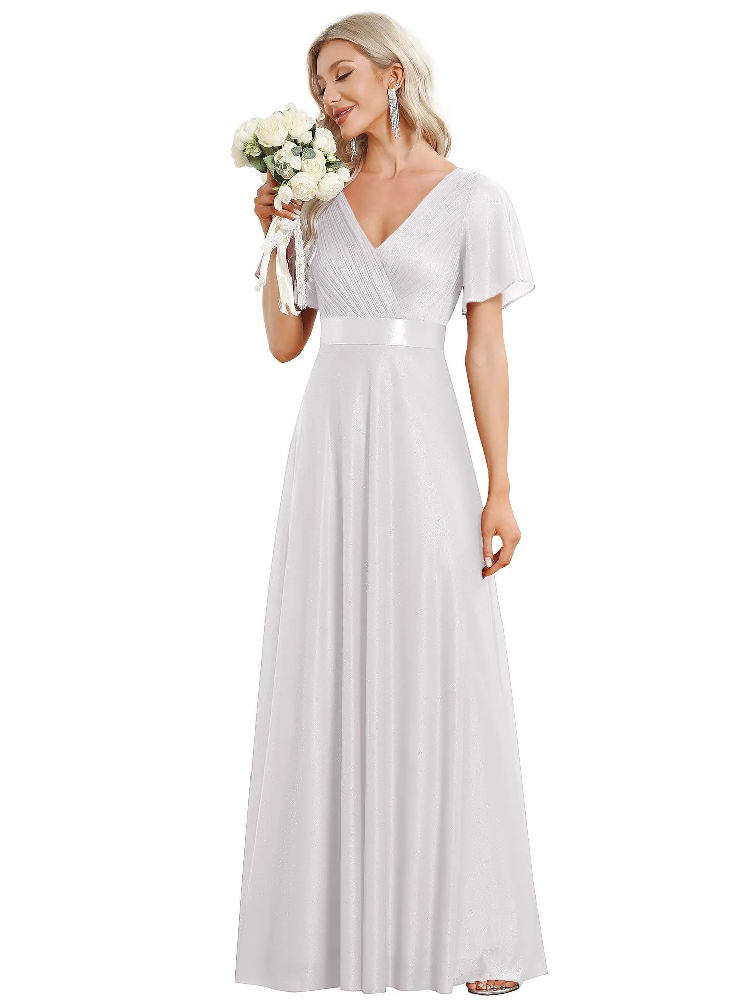 Robe de soirée longue scintillante à col en V et à manches flottantes