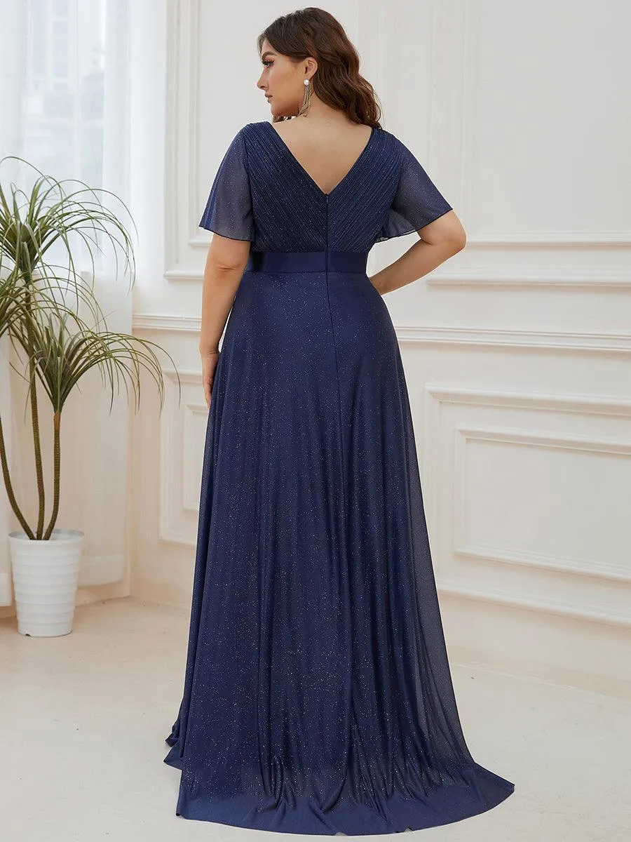 Robe de soirée longue scintillante à col en V et à manches flottantes