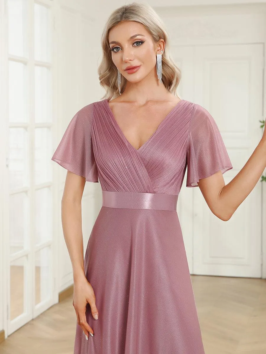 Robe de soirée longue scintillante à col en V et à manches flottantes