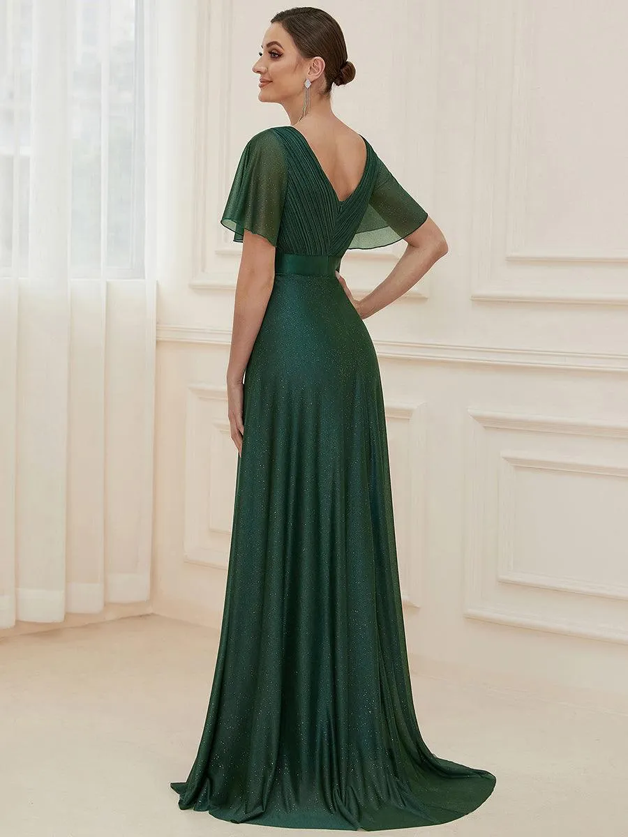 Robe de soirée longue scintillante à col en V et à manches flottantes