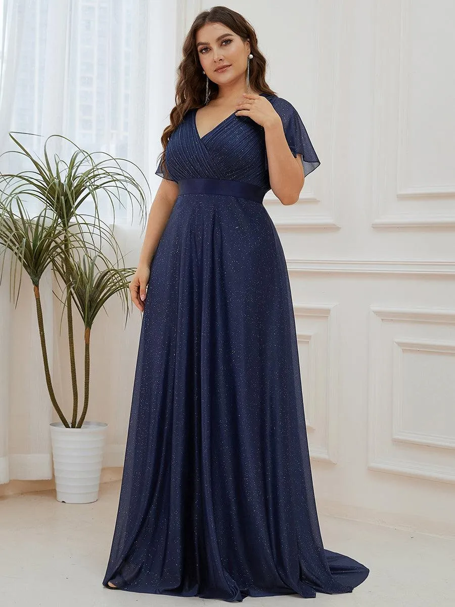 Robe de soirée longue scintillante à col en V et à manches flottantes