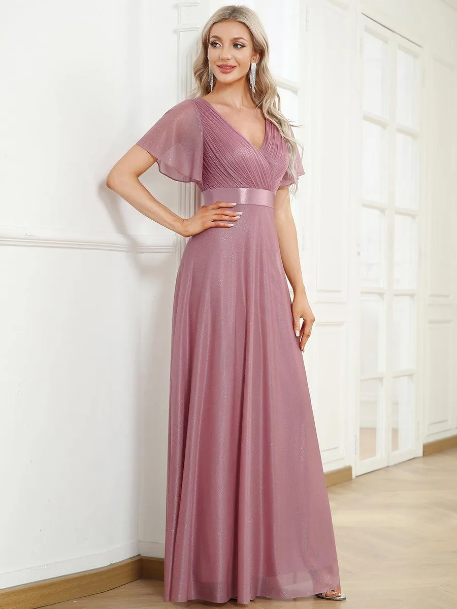 Robe de soirée longue scintillante à col en V et à manches flottantes