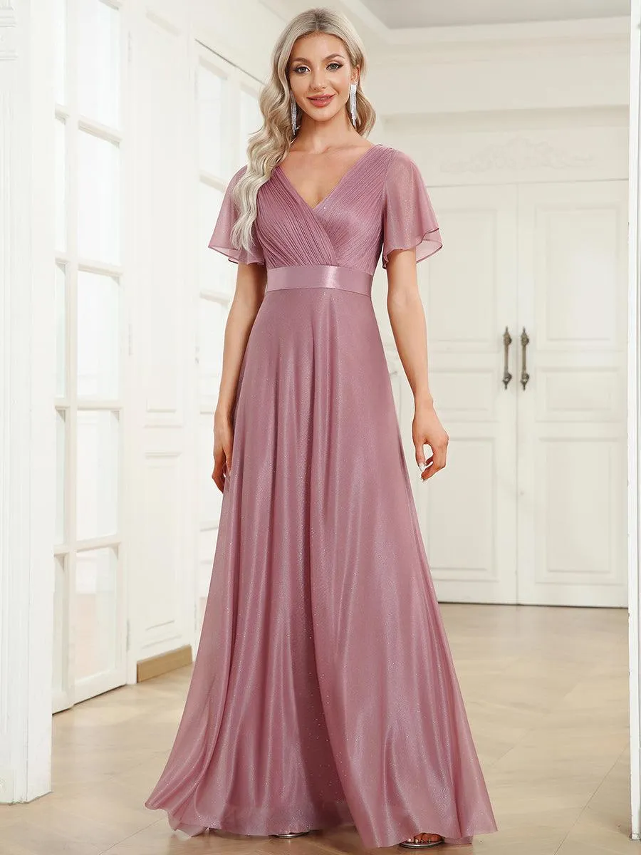 Robe de soirée longue scintillante à col en V et à manches flottantes