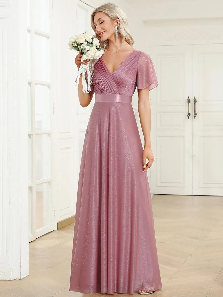 Robe de soirée longue scintillante à col en V et à manches flottantes