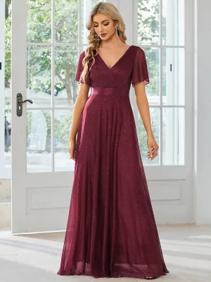 Robe de soirée longue scintillante à col en V et à manches flottantes