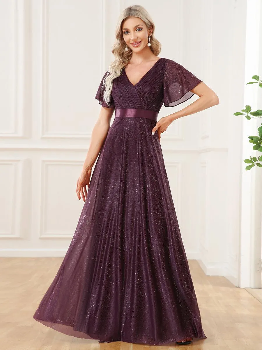 Robe de soirée longue scintillante à col en V et à manches flottantes
