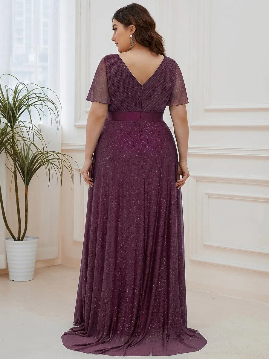 Robe de soirée longue scintillante à col en V et à manches flottantes