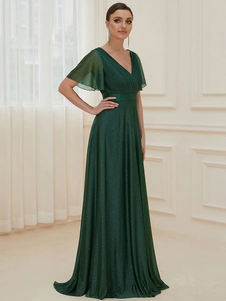 Robe de soirée longue scintillante à col en V et à manches flottantes