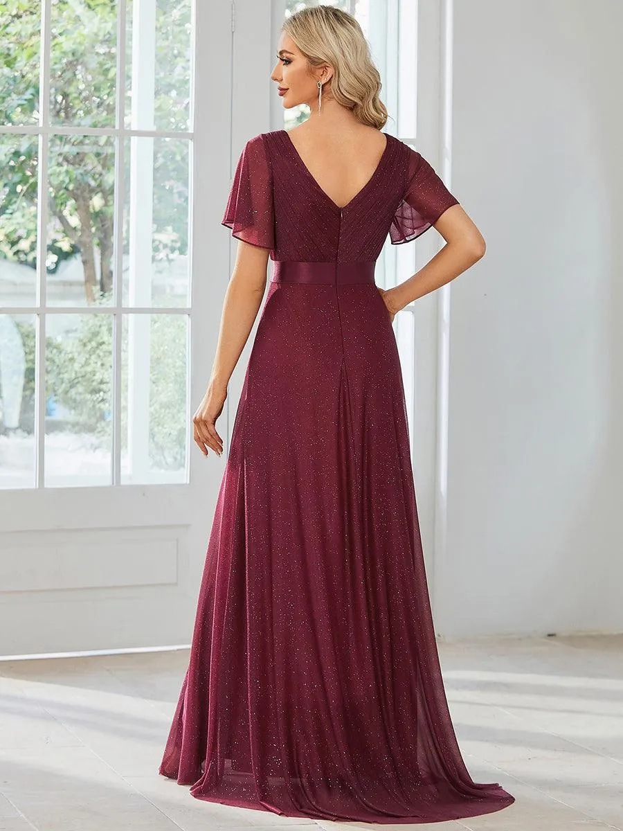 Robe de soirée longue scintillante à col en V et à manches flottantes