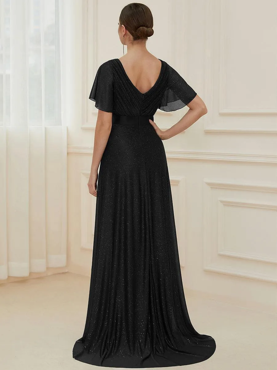 Robe de soirée longue scintillante à col en V et à manches flottantes