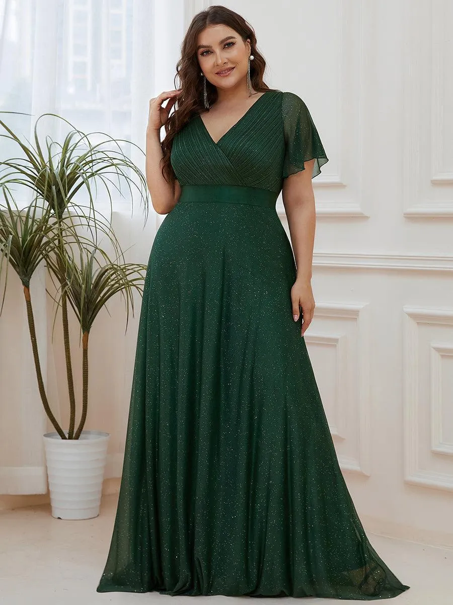 Robe de soirée longue scintillante à col en V et à manches flottantes