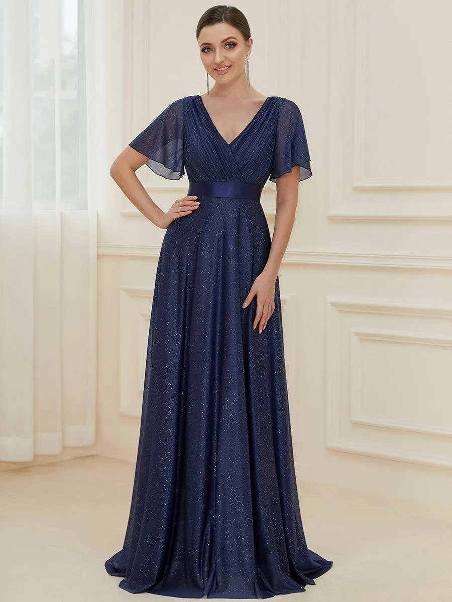 Robe de soirée longue scintillante à col en V et à manches flottantes