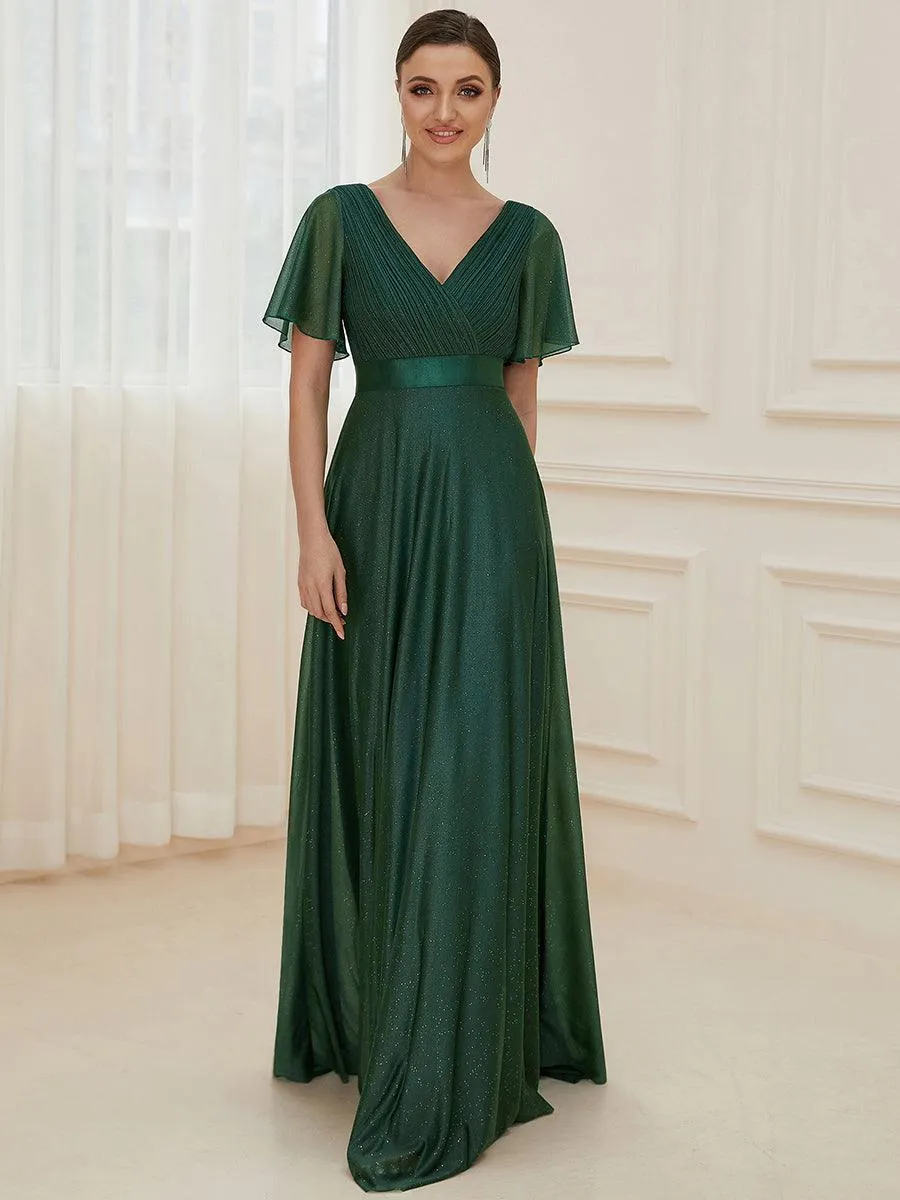 Robe de soirée longue scintillante à col en V et à manches flottantes