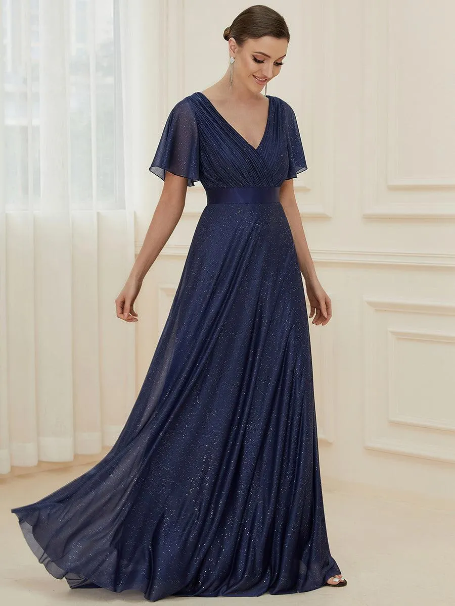 Robe de soirée longue scintillante à col en V et à manches flottantes