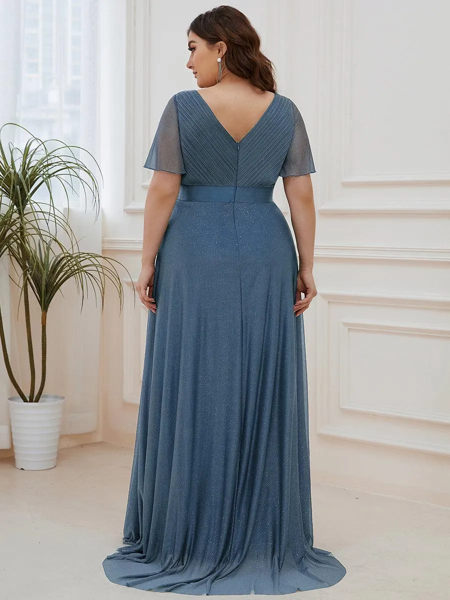 Robe de soirée longue scintillante à col en V et à manches flottantes