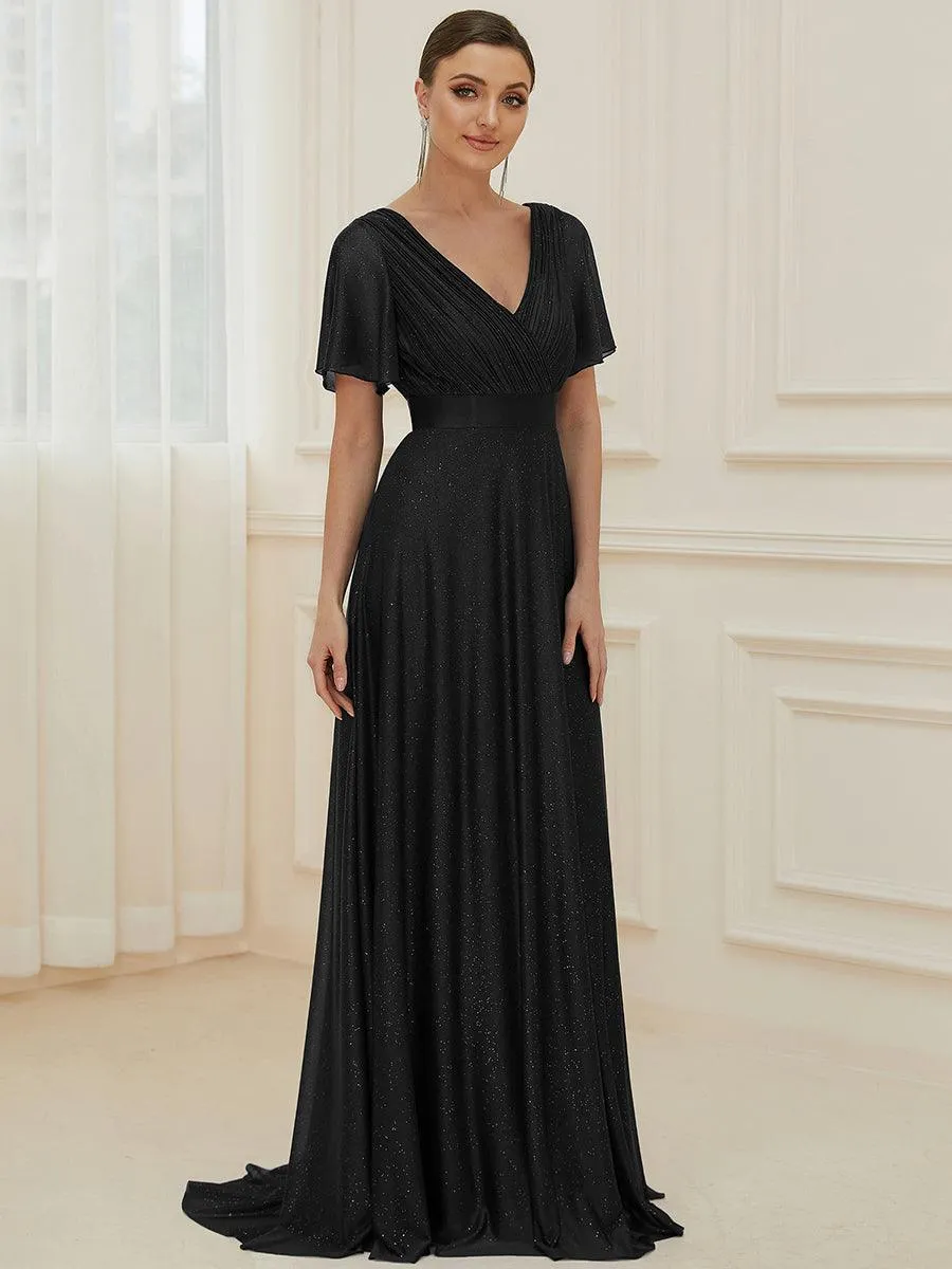 Robe de soirée longue scintillante à col en V et à manches flottantes