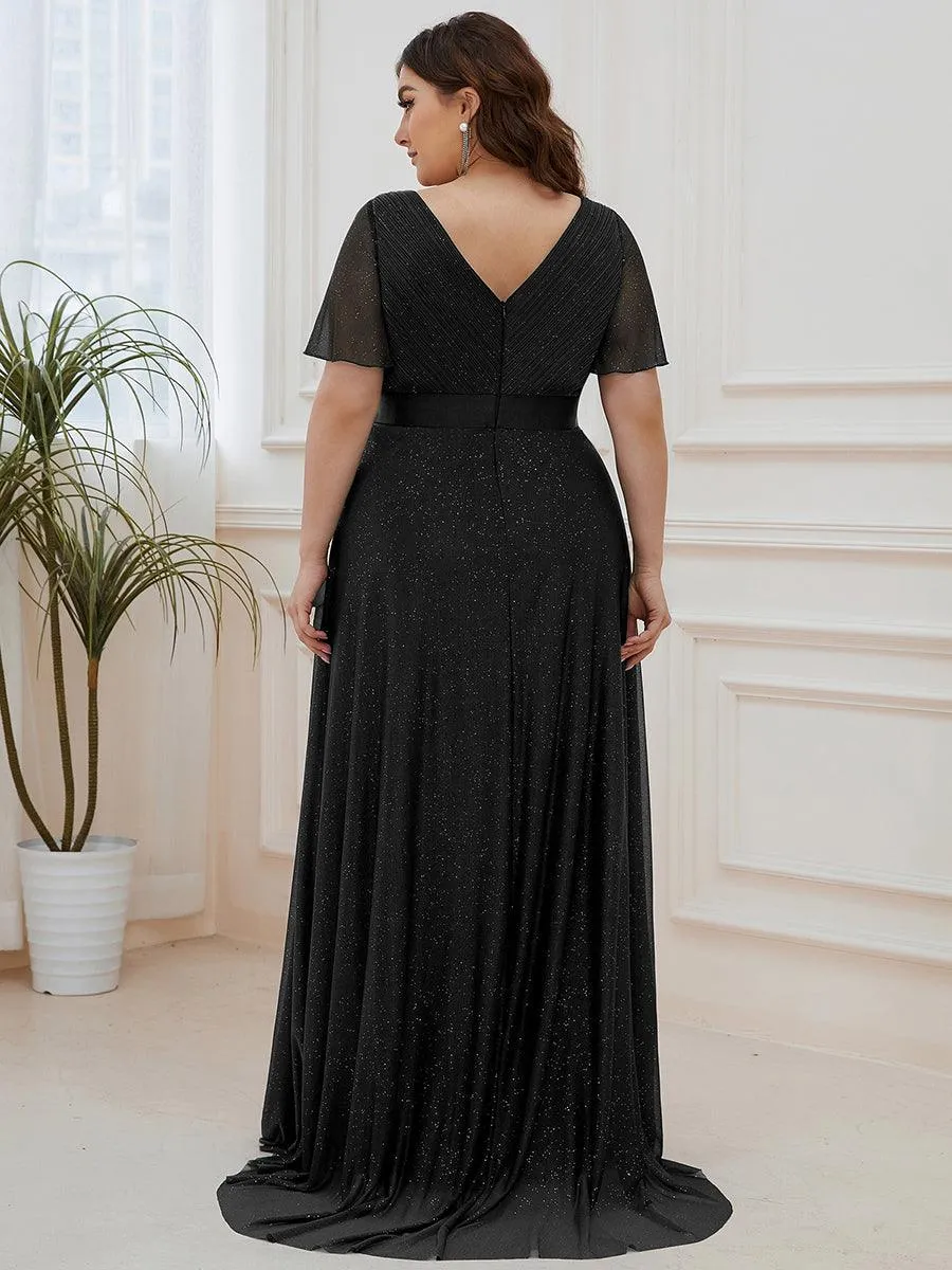 Robe de soirée longue scintillante à col en V et à manches flottantes