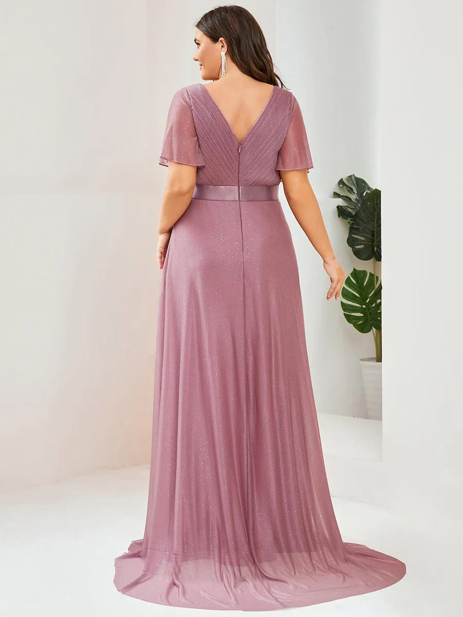 Robe de soirée longue scintillante à col en V et à manches flottantes
