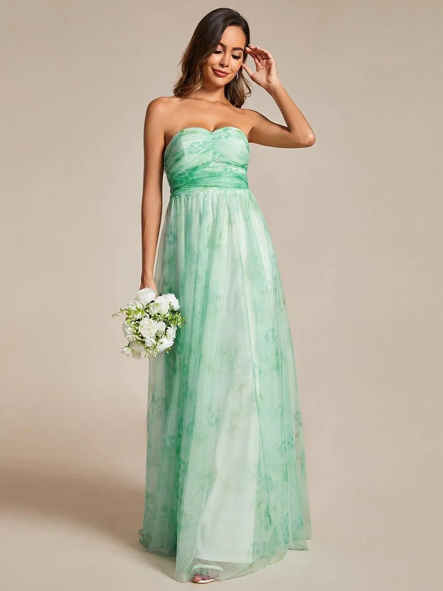 Robe de soirée taille empire florale sans bretelles multidirectionnelle avec plissé(Vente finale)