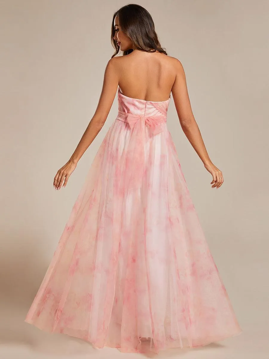 Robe de soirée taille empire florale sans bretelles multidirectionnelle avec plissé(Vente finale)