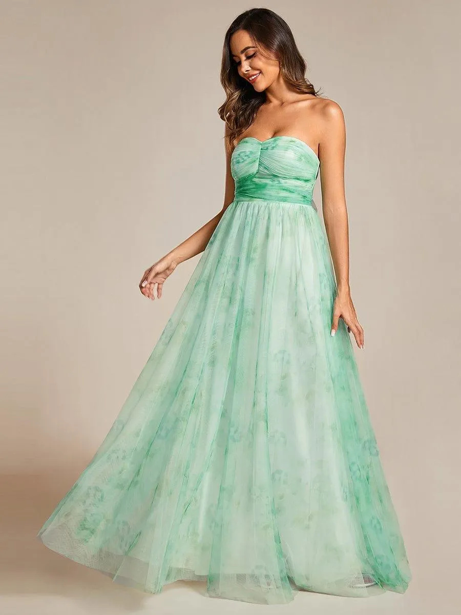 Robe de soirée taille empire florale sans bretelles multidirectionnelle avec plissé(Vente finale)