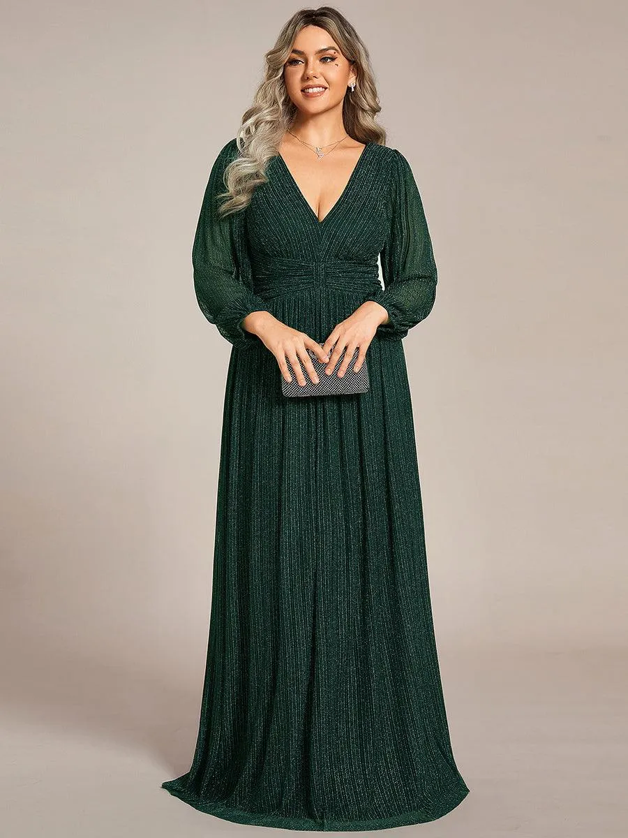 Robe de soirée trapèze transparente à manches longues et taille empire éblouissante de grande taille