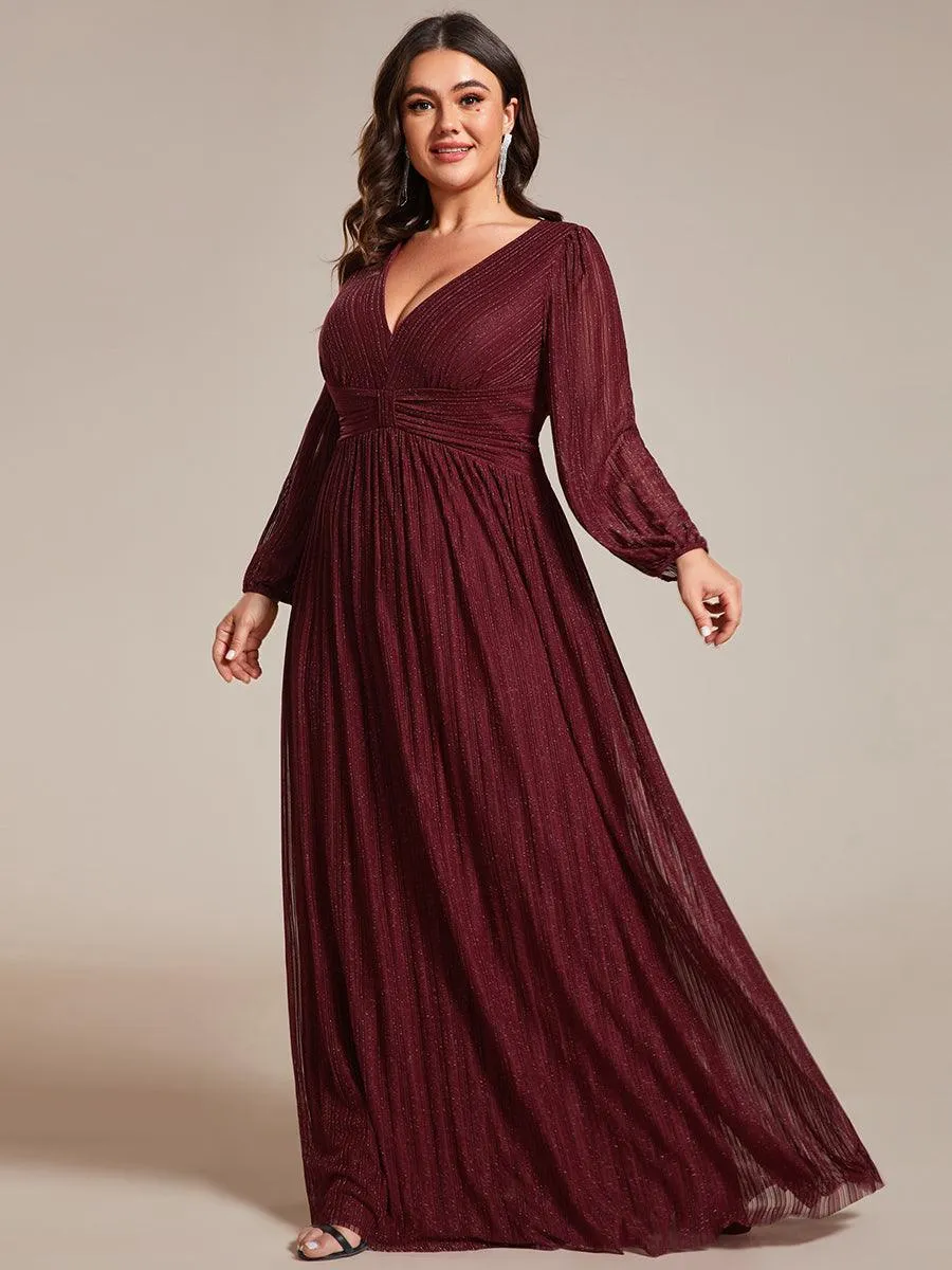 Robe de soirée trapèze transparente à manches longues et taille empire éblouissante de grande taille