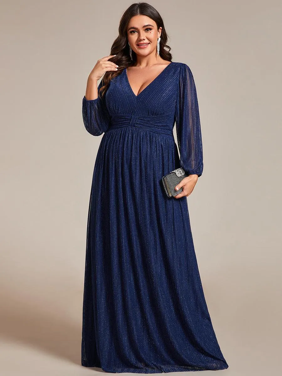 Robe de soirée trapèze transparente à manches longues et taille empire éblouissante de grande taille