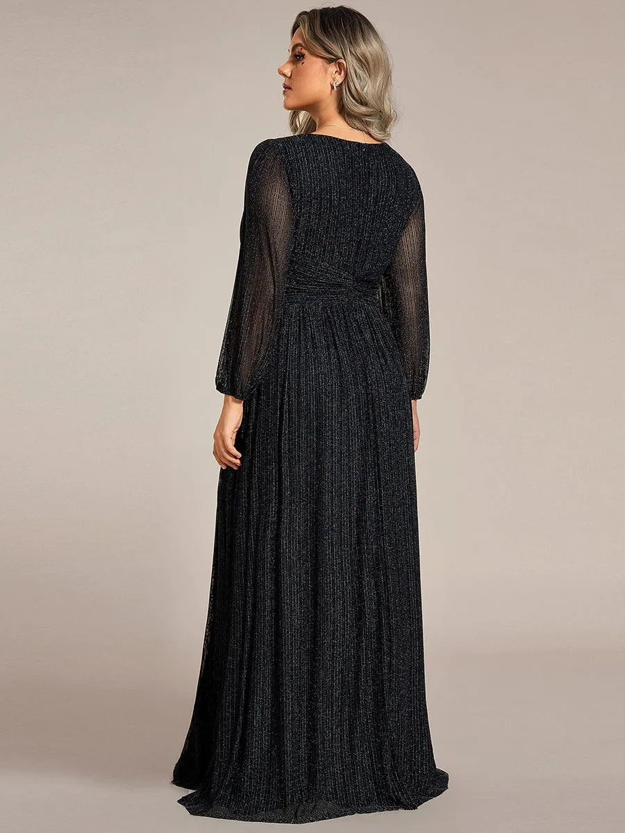 Robe de soirée trapèze transparente à manches longues et taille empire éblouissante de grande taille