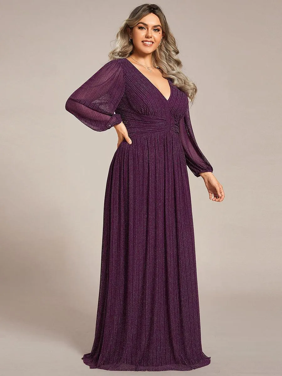 Robe de soirée trapèze transparente à manches longues et taille empire éblouissante de grande taille
