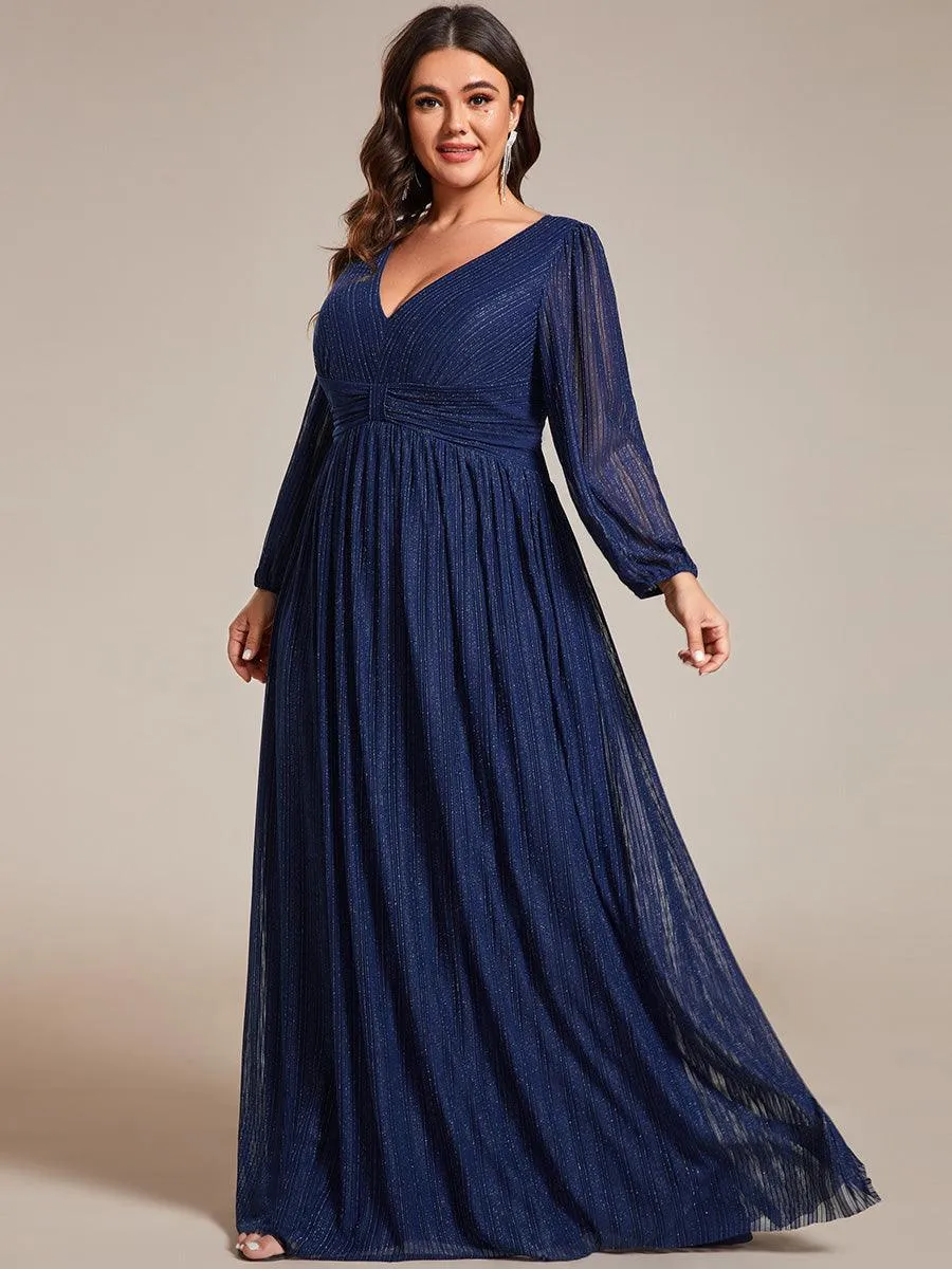 Robe de soirée trapèze transparente à manches longues et taille empire éblouissante de grande taille