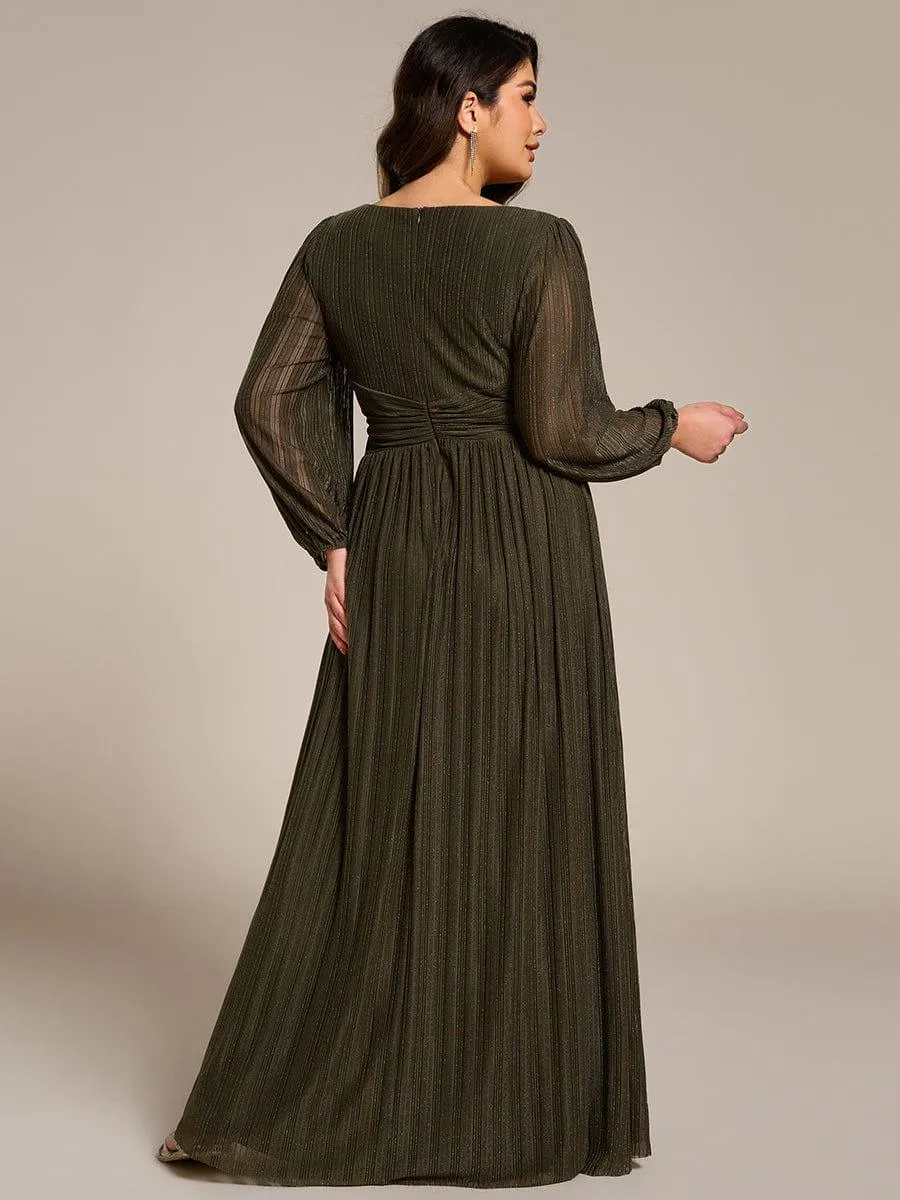 Robe de soirée trapèze transparente à manches longues et taille empire éblouissante de grande taille