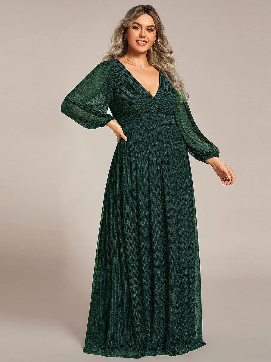 Robe de soirée trapèze transparente à manches longues et taille empire éblouissante de grande taille