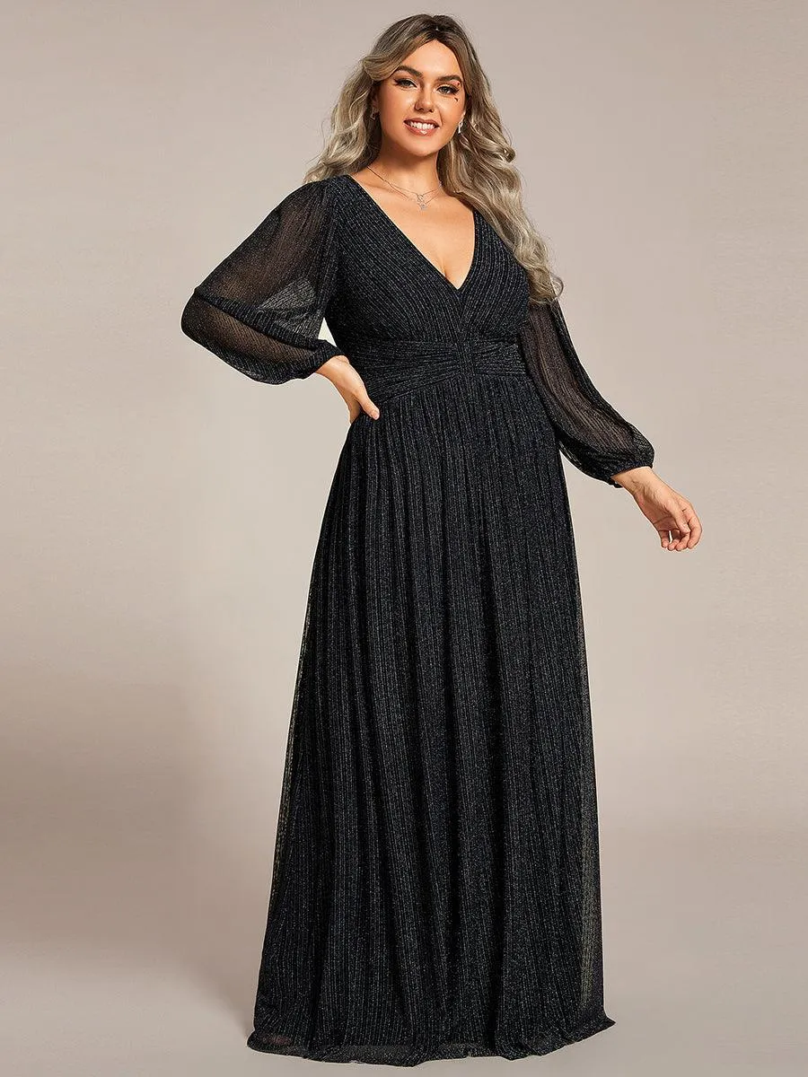 Robe de soirée trapèze transparente à manches longues et taille empire éblouissante de grande taille