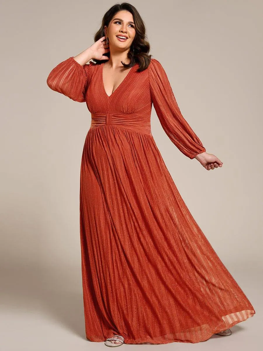 Robe de soirée trapèze transparente à manches longues et taille empire éblouissante de grande taille