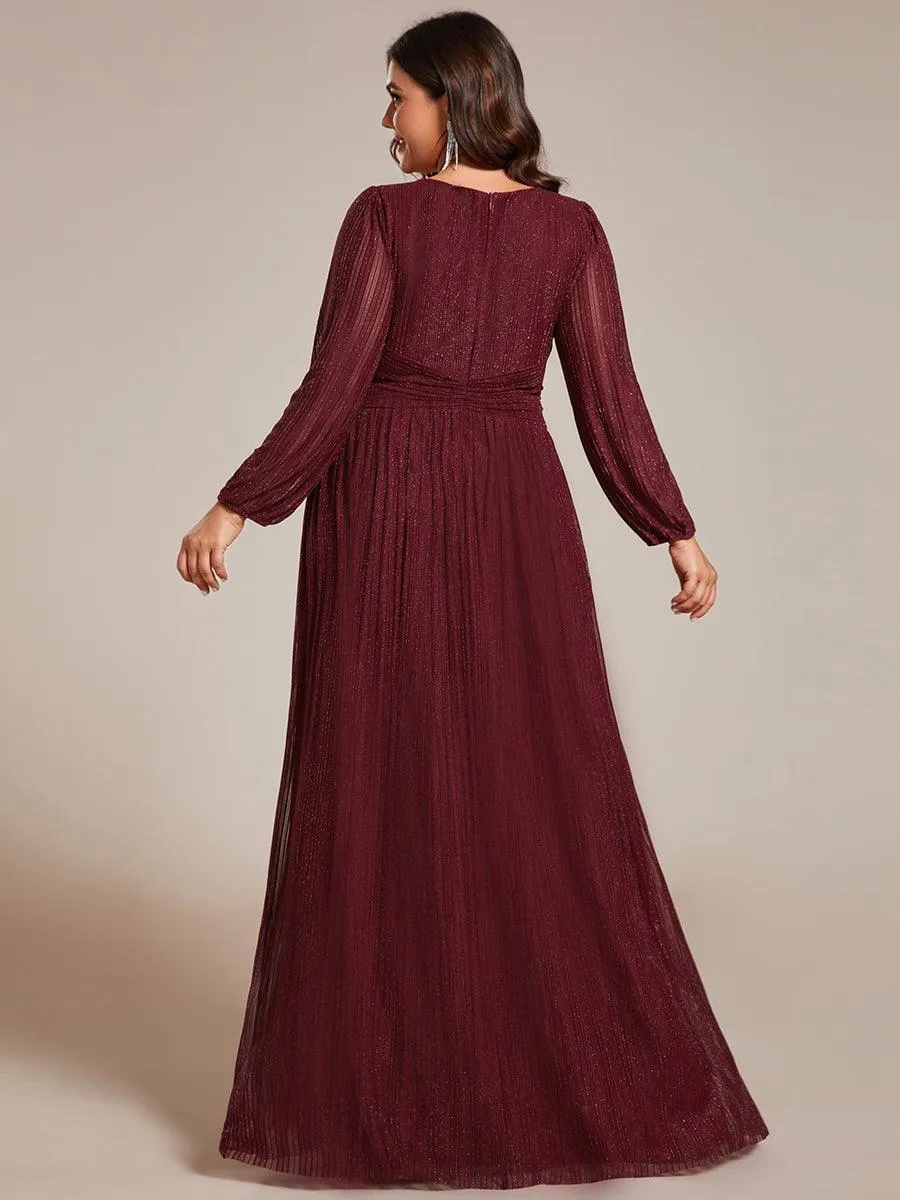Robe de soirée trapèze transparente à manches longues et taille empire éblouissante de grande taille