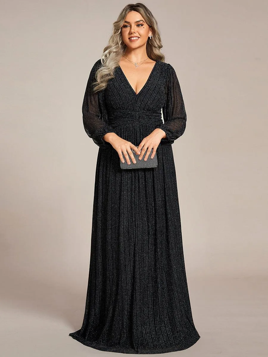 Robe de soirée trapèze transparente à manches longues et taille empire éblouissante de grande taille