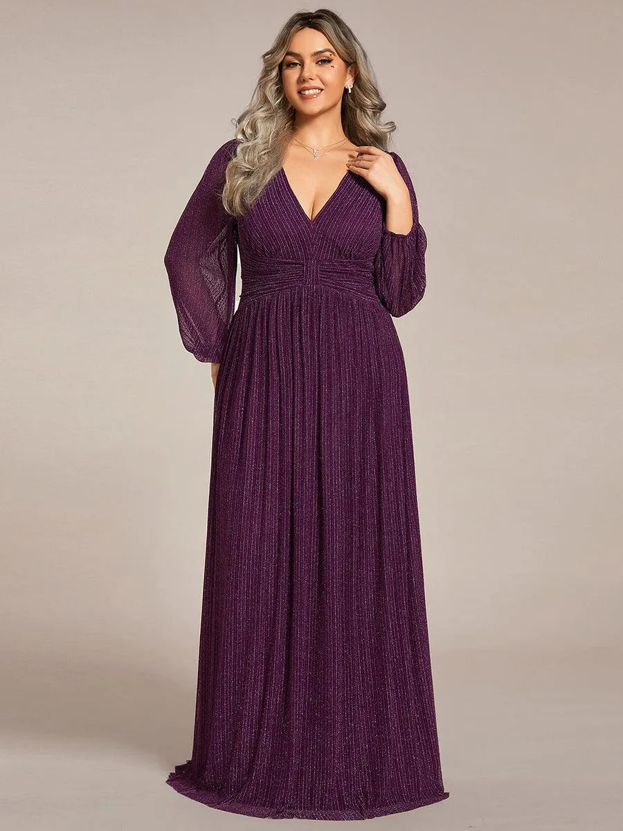 Robe de soirée trapèze transparente à manches longues et taille empire éblouissante de grande taille