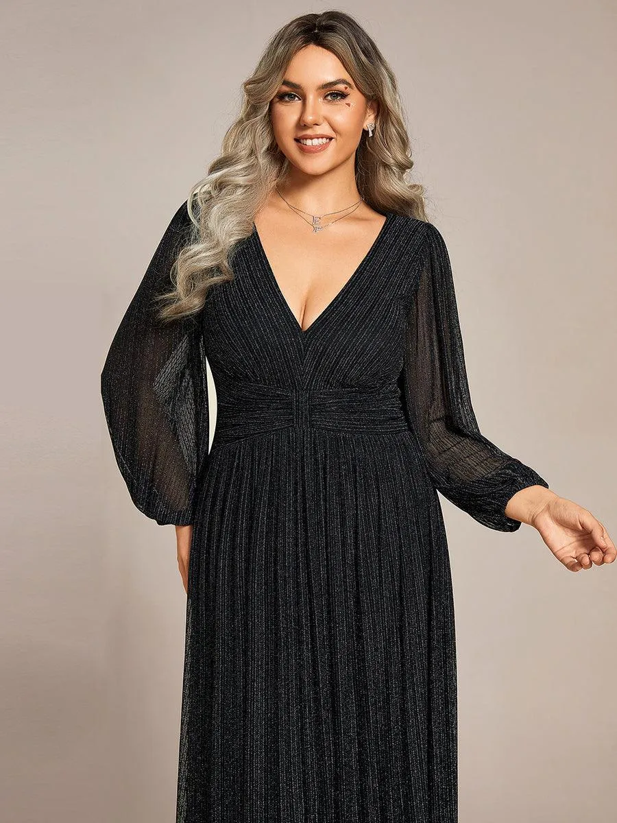Robe de soirée trapèze transparente à manches longues et taille empire éblouissante de grande taille