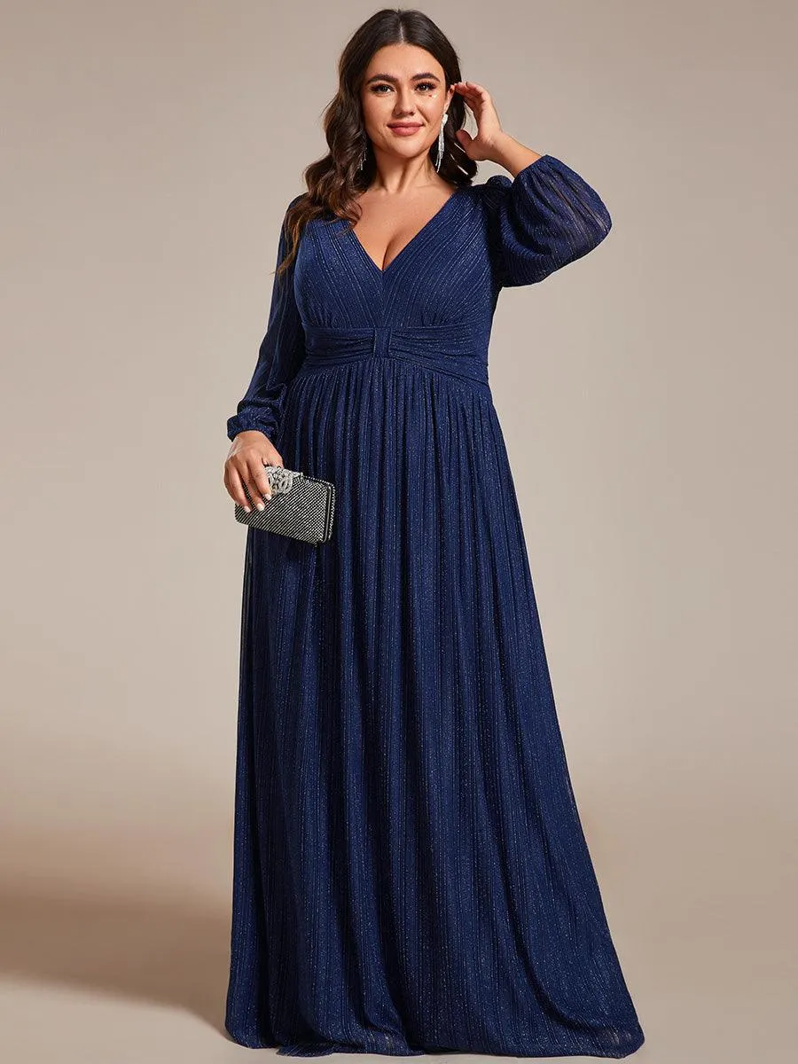 Robe de soirée trapèze transparente à manches longues et taille empire éblouissante de grande taille
