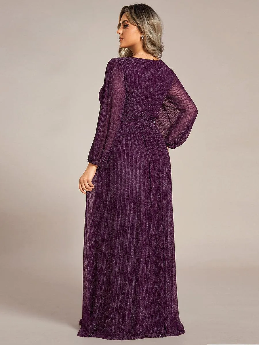 Robe de soirée trapèze transparente à manches longues et taille empire éblouissante de grande taille