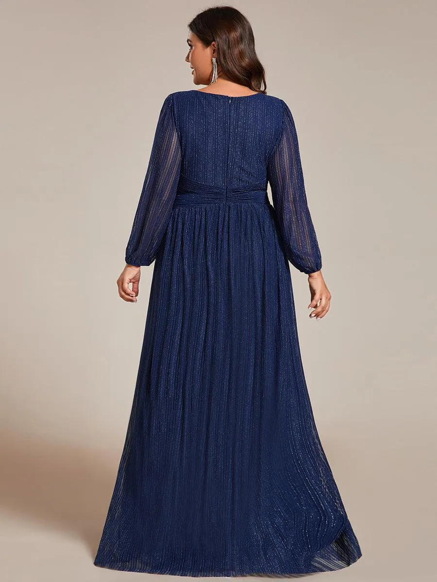 Robe de soirée trapèze transparente à manches longues et taille empire éblouissante de grande taille