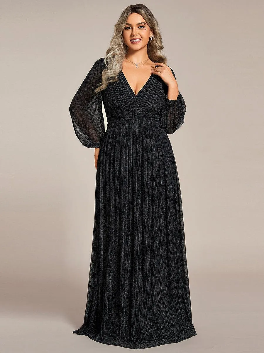 Robe de soirée trapèze transparente à manches longues et taille empire éblouissante de grande taille