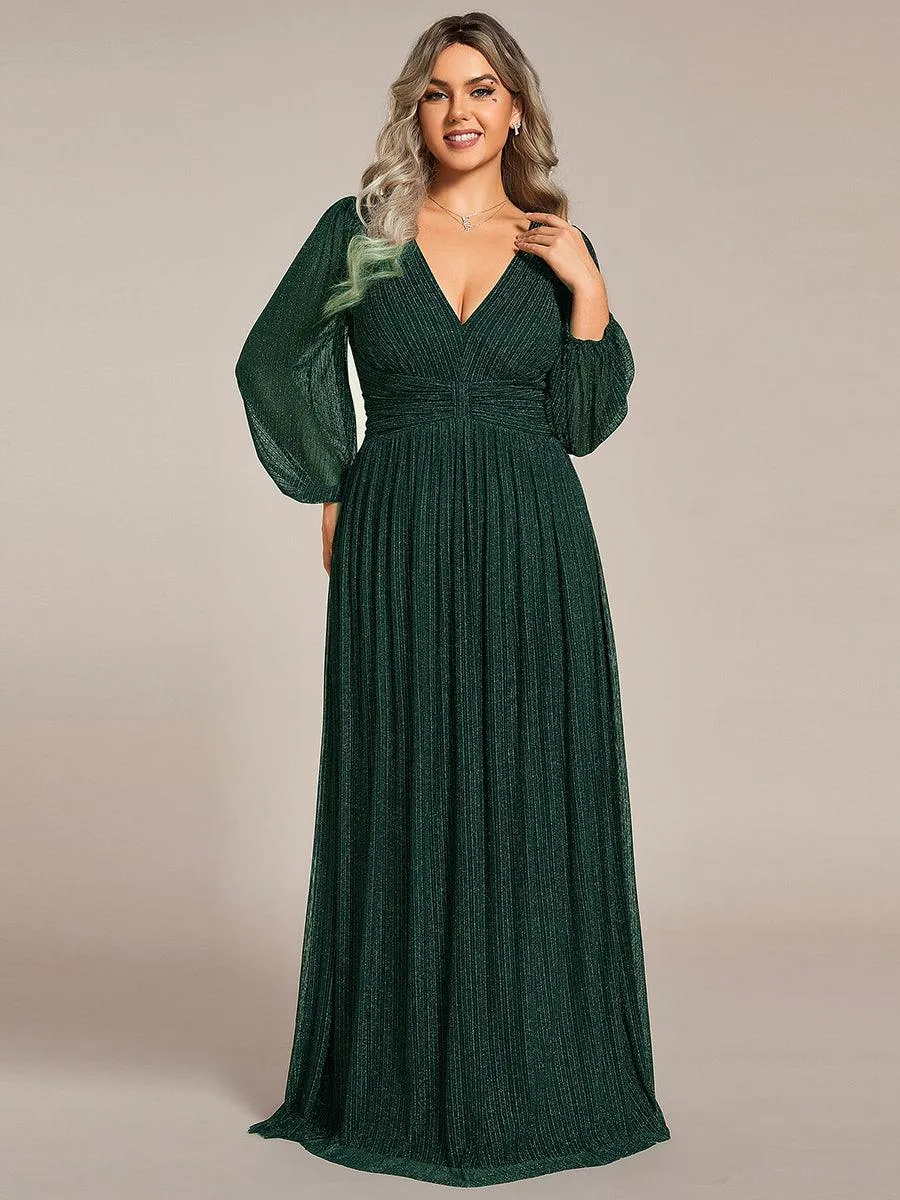Robe de soirée trapèze transparente à manches longues et taille empire éblouissante de grande taille